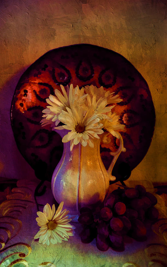 Still Life with Daisies and Grapes - OIl painting edition Photograph by Lilia S