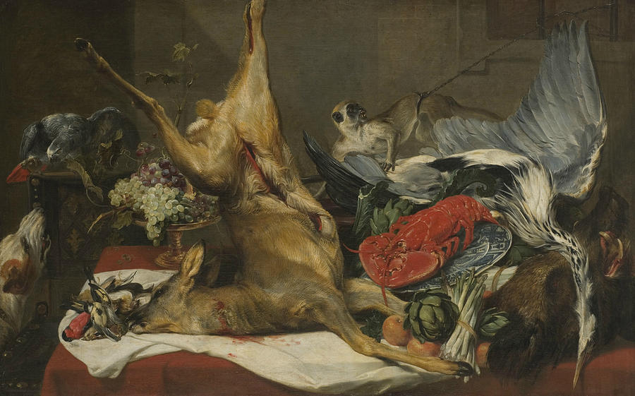 Still Life with Dead Game, a Monkey, a Parrot, and a Dog Painting by Frans Snyders