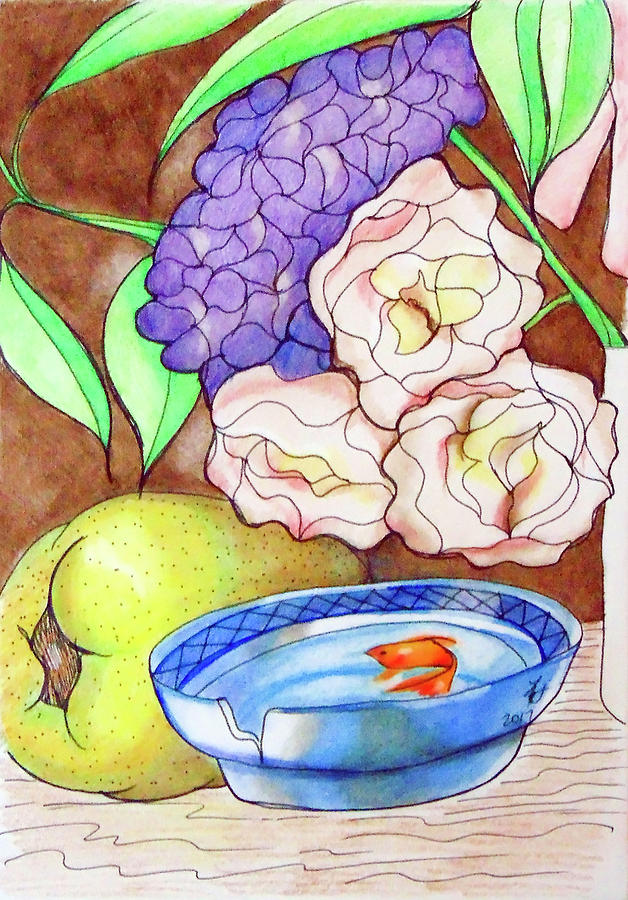 Still Life with fish Drawing by Loretta Nash