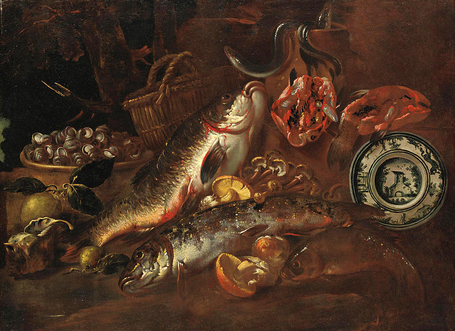 Still Life with Fish Mushrooms Shells and a Ceramic Plate Painting by Felice Boselli
