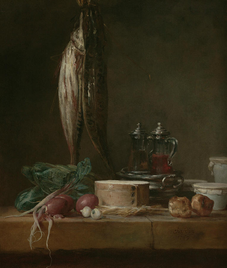 Still Life with Fish, Vegetables, Gougeres, Pots, and Cruets on a Table  Painting by Jean-Baptiste-Simeon Chardin