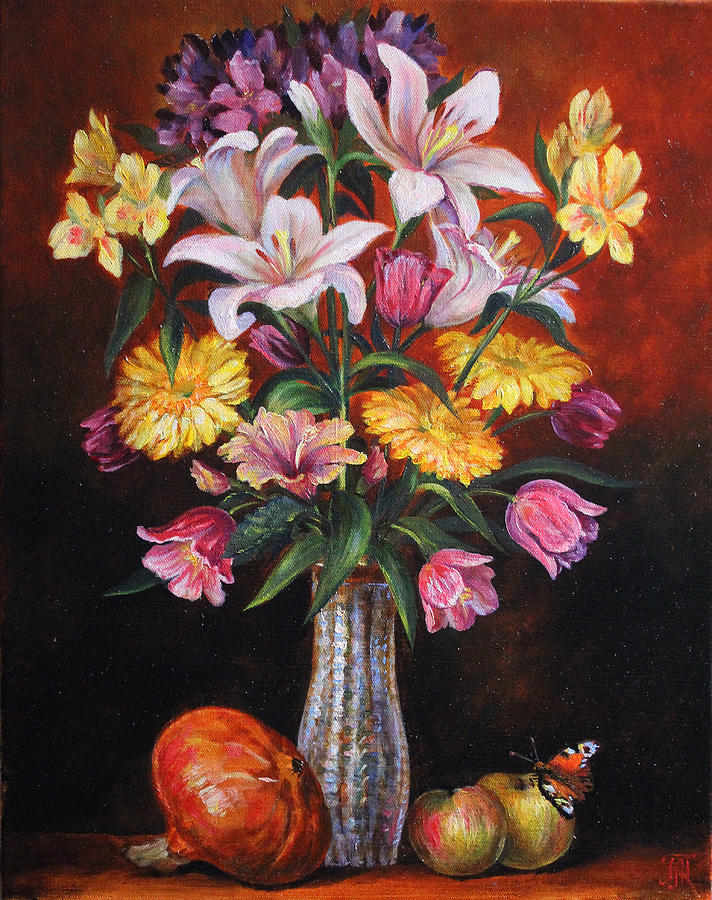 Still life with flowers, a pumpkin and apples Painting by Leonid ...