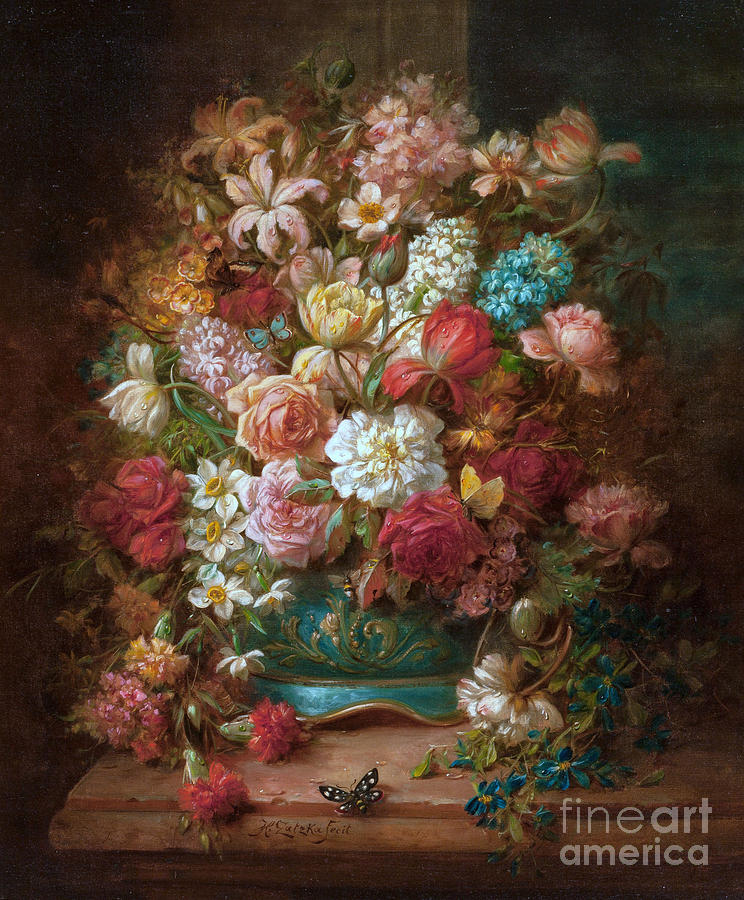 Still life with-flowers and butterflies Painting by Celestial Images