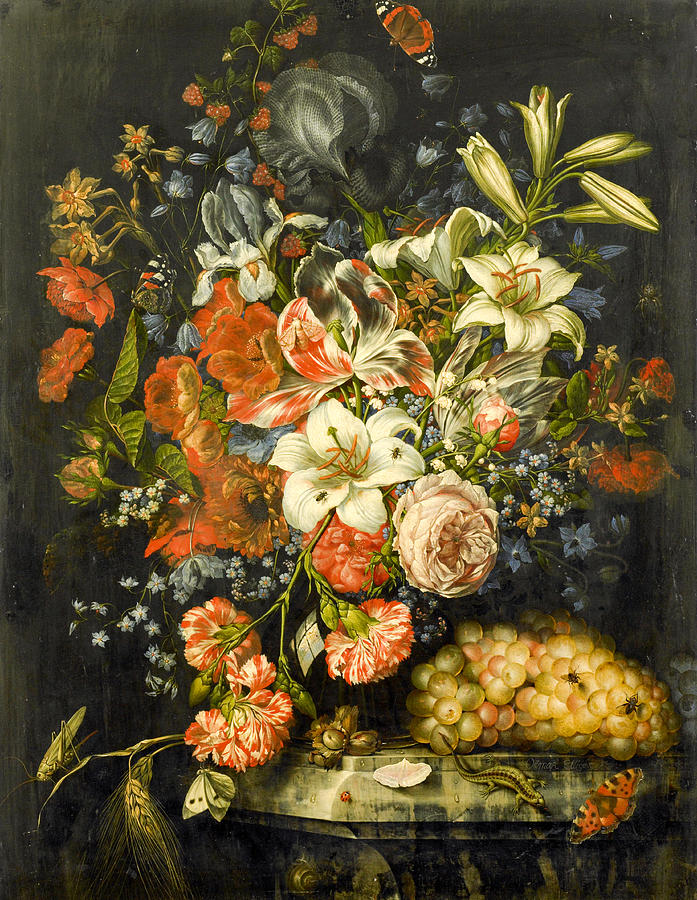 Still Life with Flowers and Fruit. Painting by Ottmar Elliger