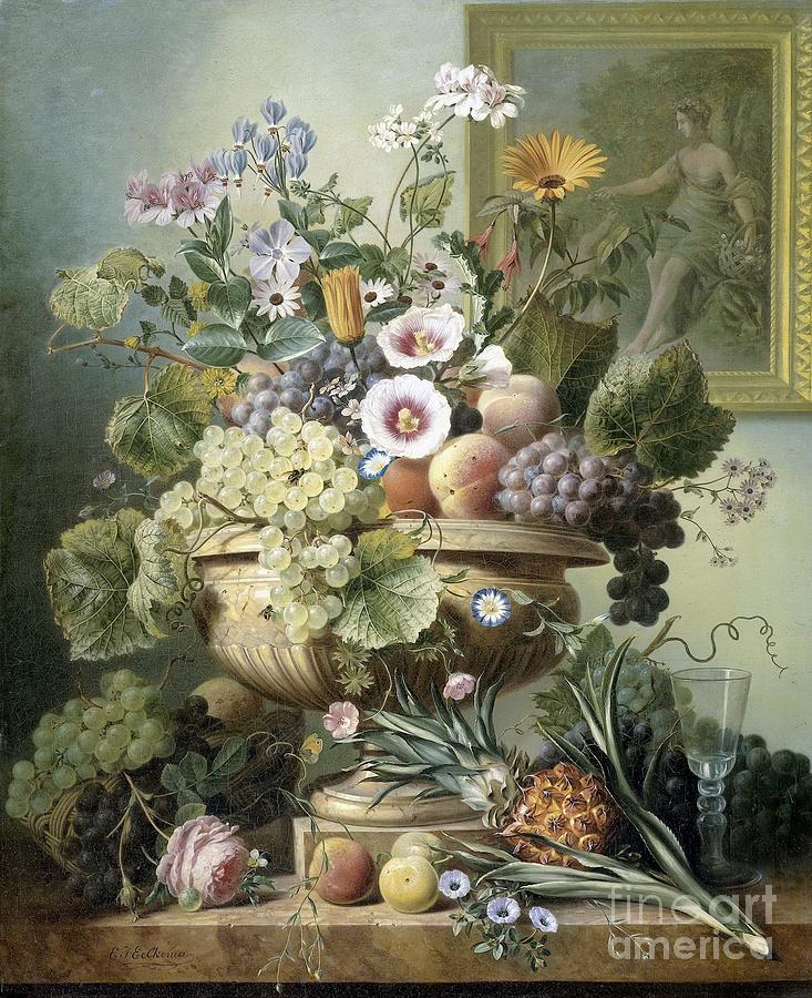 Still life with flowers and fruits Painting by Celestial Images
