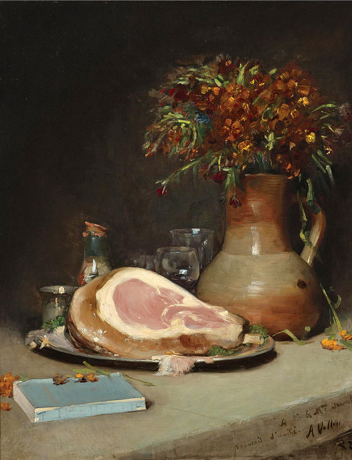 Still life with Flowers and Ham Painting by Antoine Vollon