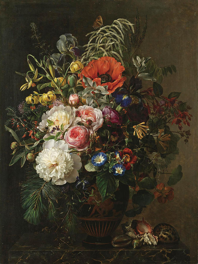 Still Life with Flowers in a Greek Vase Painting by Johan Laurentz Jensen