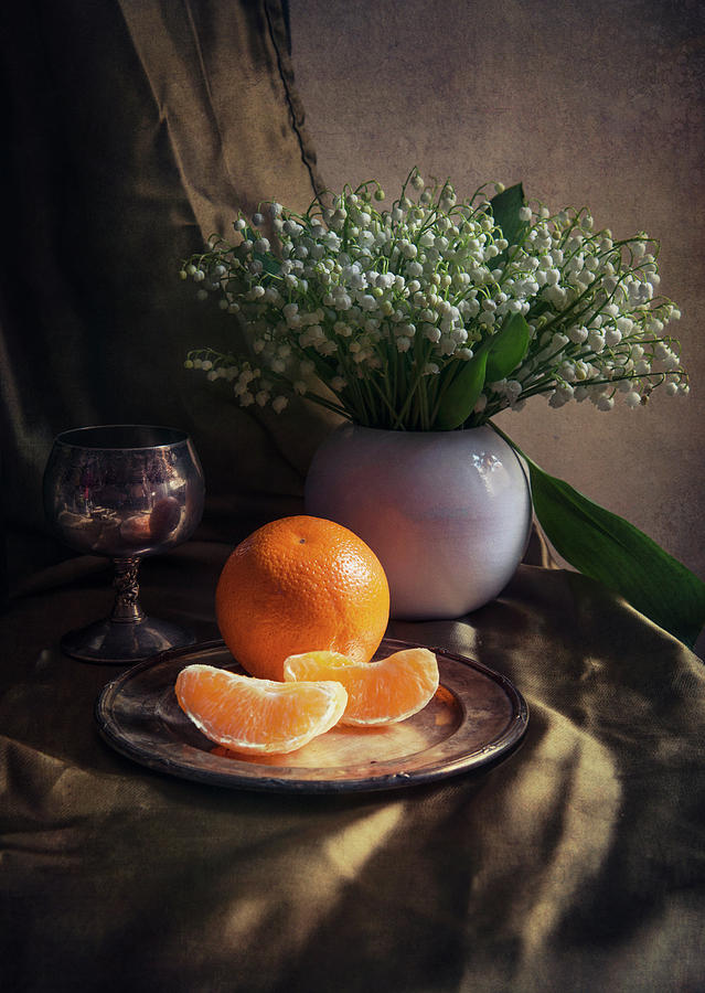 Still life with fresh flowers and tangerines Photograph by Jaroslaw Blaminsky