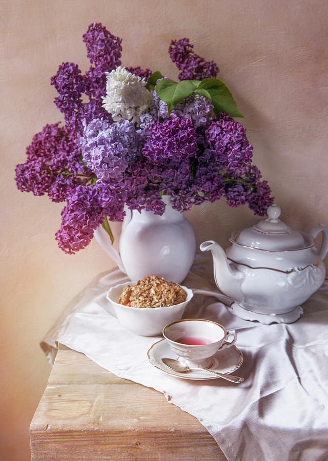 Still life with fresh lilac and china pots Photograph by Jaroslaw Blaminsky