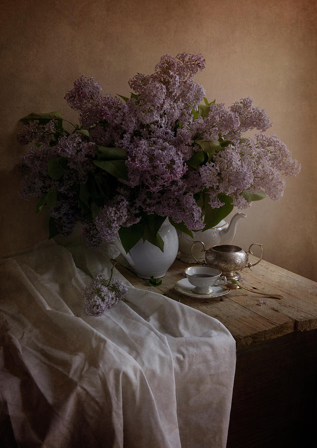 Still life with fresh lilac and dishes Photograph by Jaroslaw Blaminsky