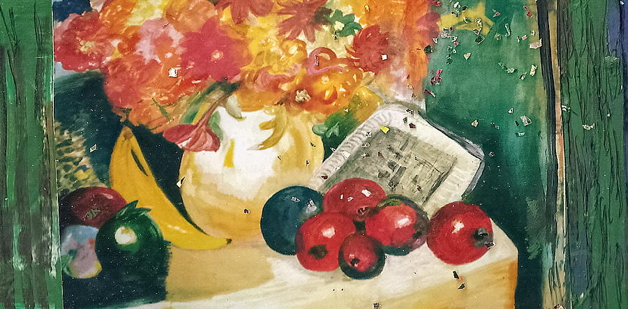 In A Way Painting - Still Life with Fruit and Curtains by Anne-Elizabeth Whiteway