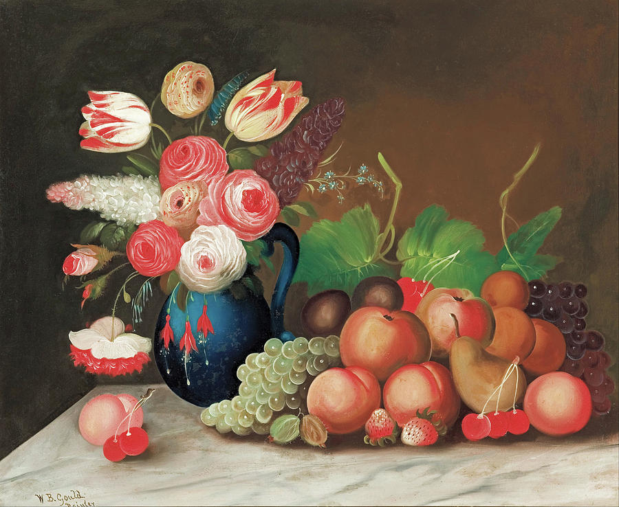 Still Life with Fruit and Flowers Painting by W B Gould