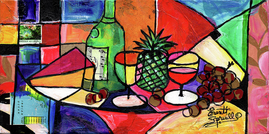 Still Life with Fruit and Wine #303 Mixed Media by Everett Spruill