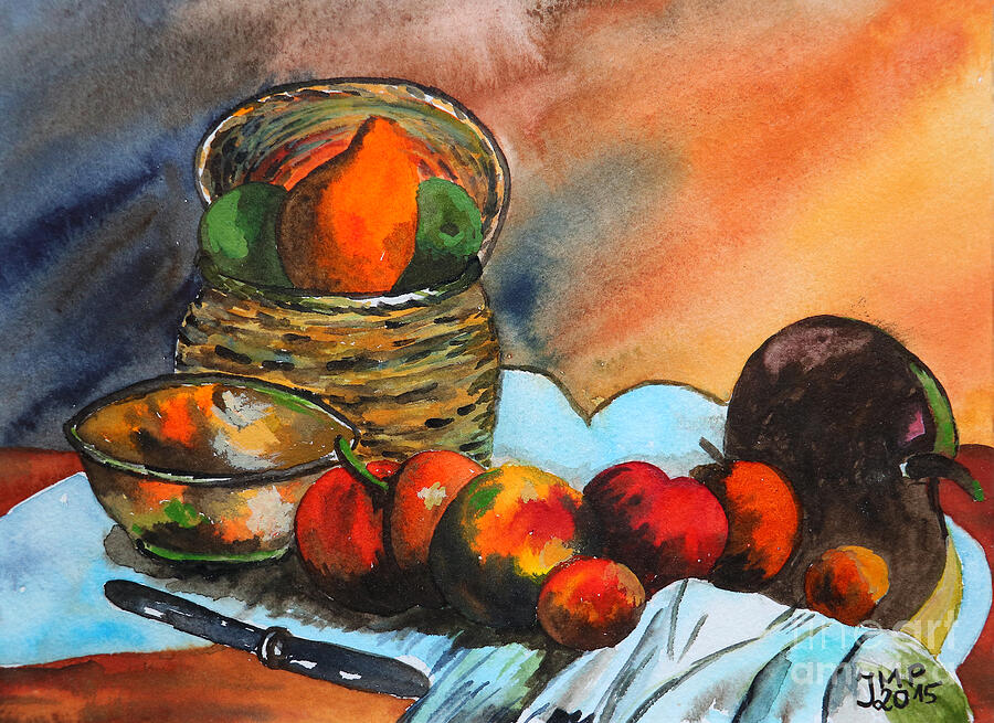 Still Life Painting - Still Life with Fruit Basket by Jutta Maria Pusl