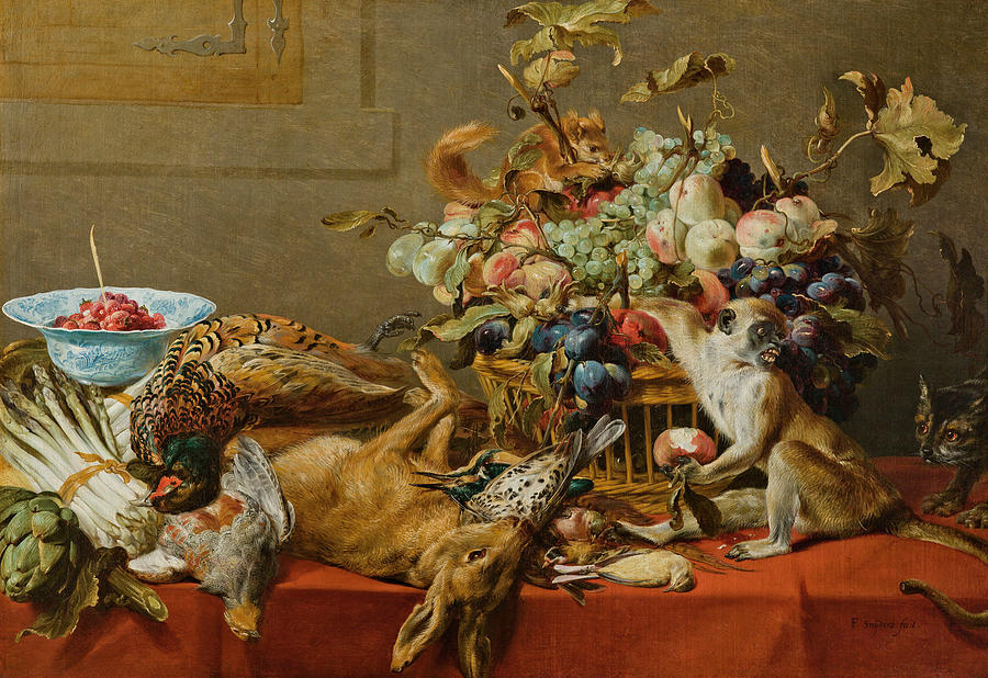 Still Life with Fruit, Dead Game, Vegetables, a live Monkey, Squirrel and Cat Painting by Frans Snyders