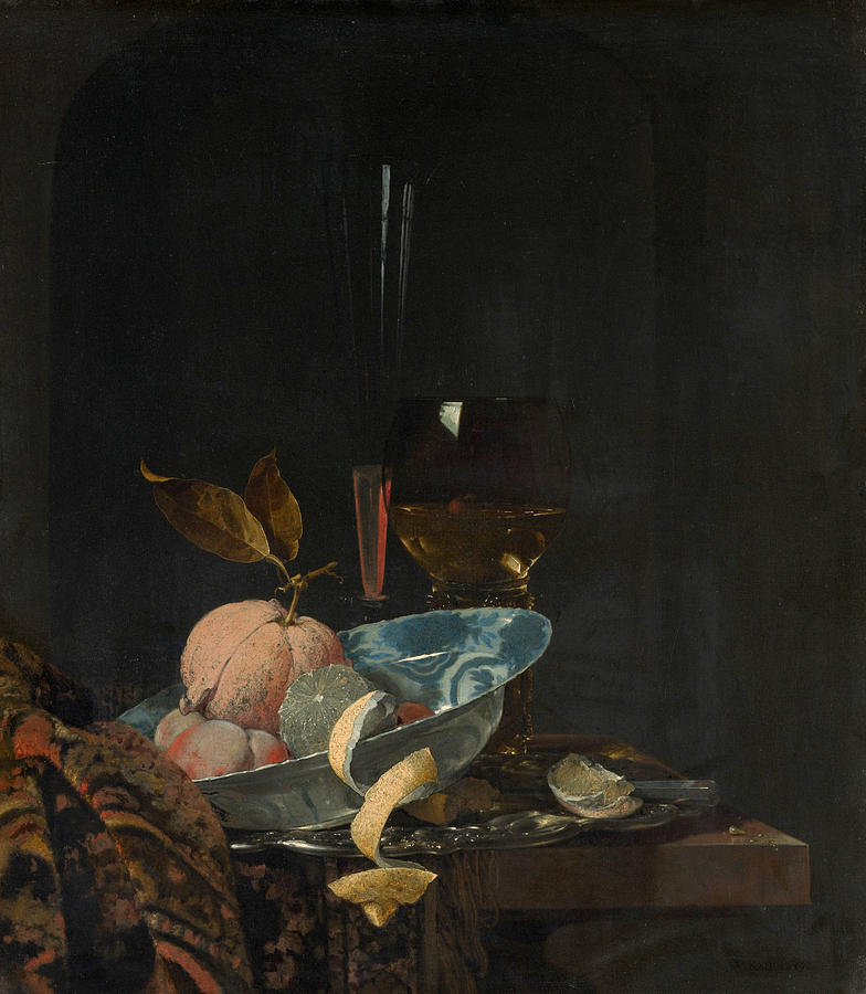 Willem Kalf Painting - Still Life with Fruit, Glassware, and a Wanli Bowl by Willem Kalf