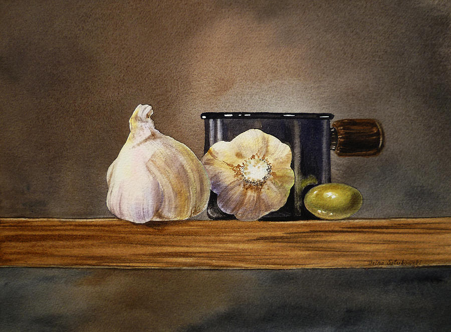 Still Life With Garlic and Olive Painting by Irina Sztukowski