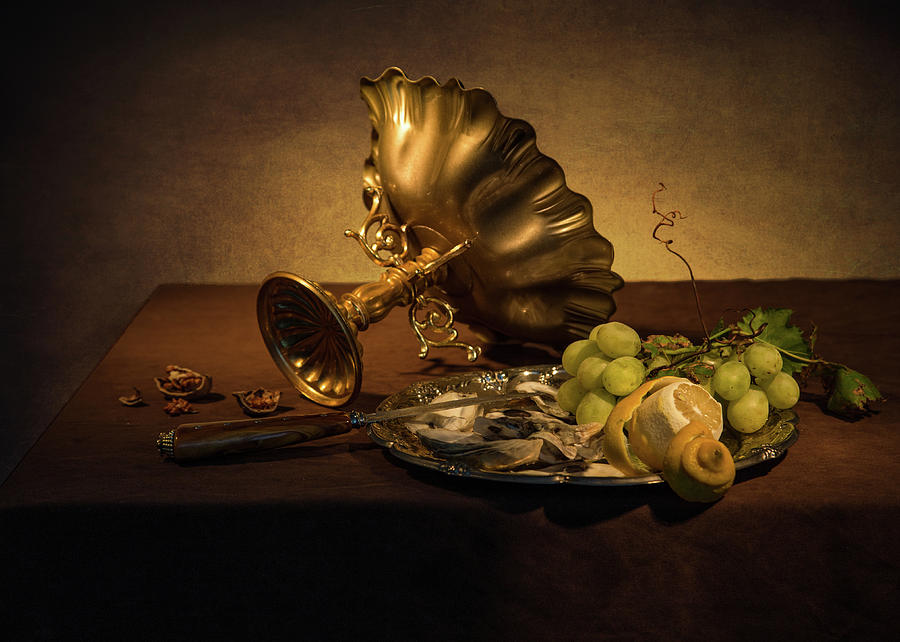 Still Life with Gilded Tazza - Oysters and Grapes Photograph by Levin Rodriguez