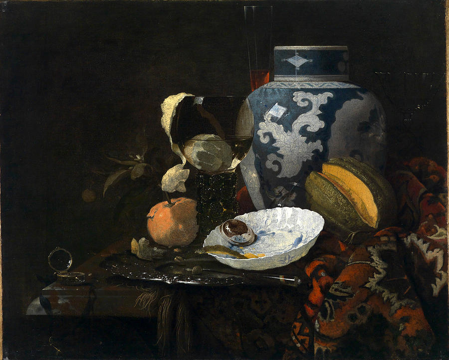  Still life with ginger pot and porcelain bowl Painting by Willem Kalf
