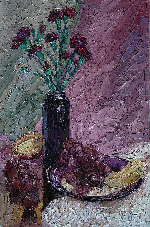 Still life with grapes and mango Painting by Sergey Sovkov