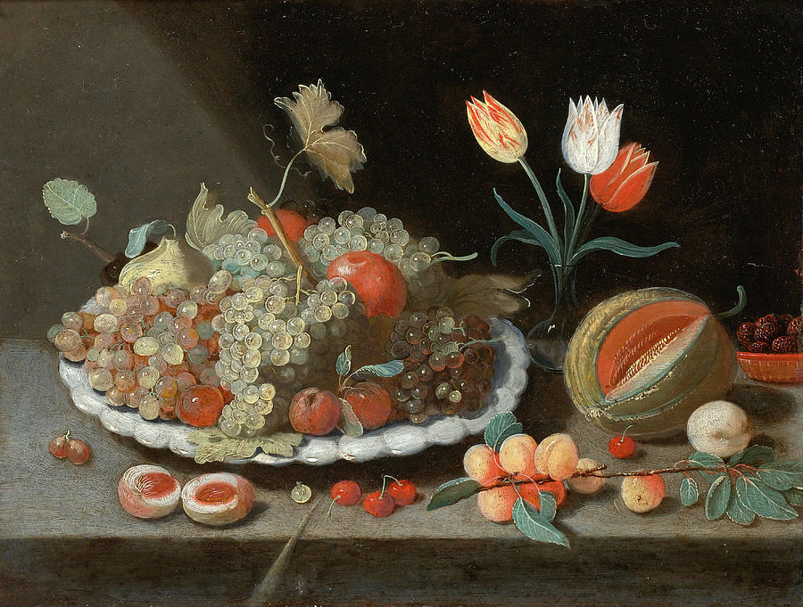 Still life with grapes and other fruit on a platter a glass vase with tulips a melon apricots cherri Painting by Jan van Kessel the Elder