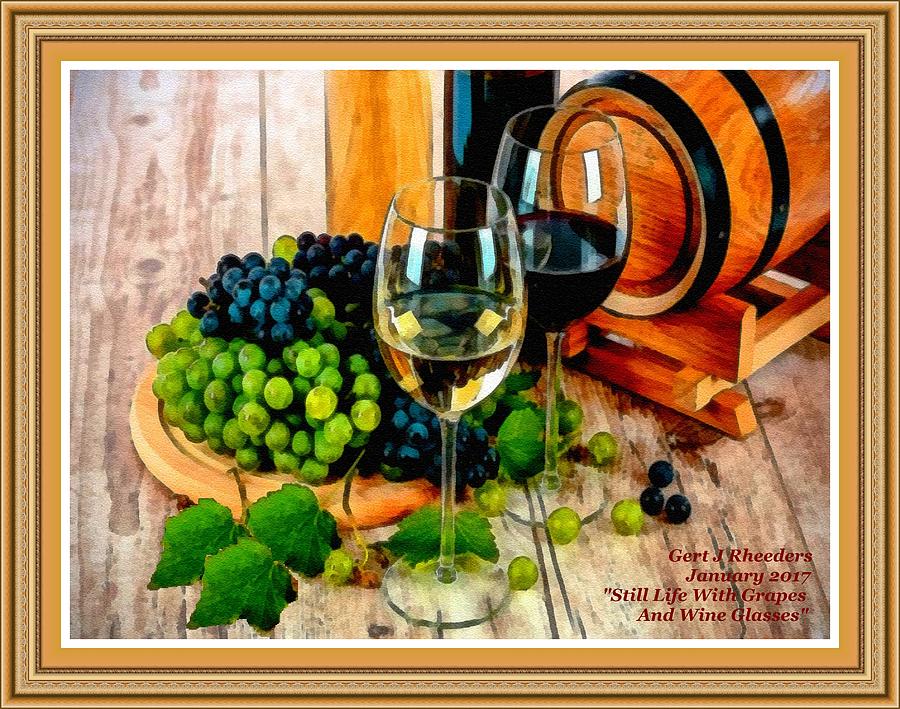 Still Life With Grapes And Wine Glasses L A With Alt. Decorative Printed Frame. Painting