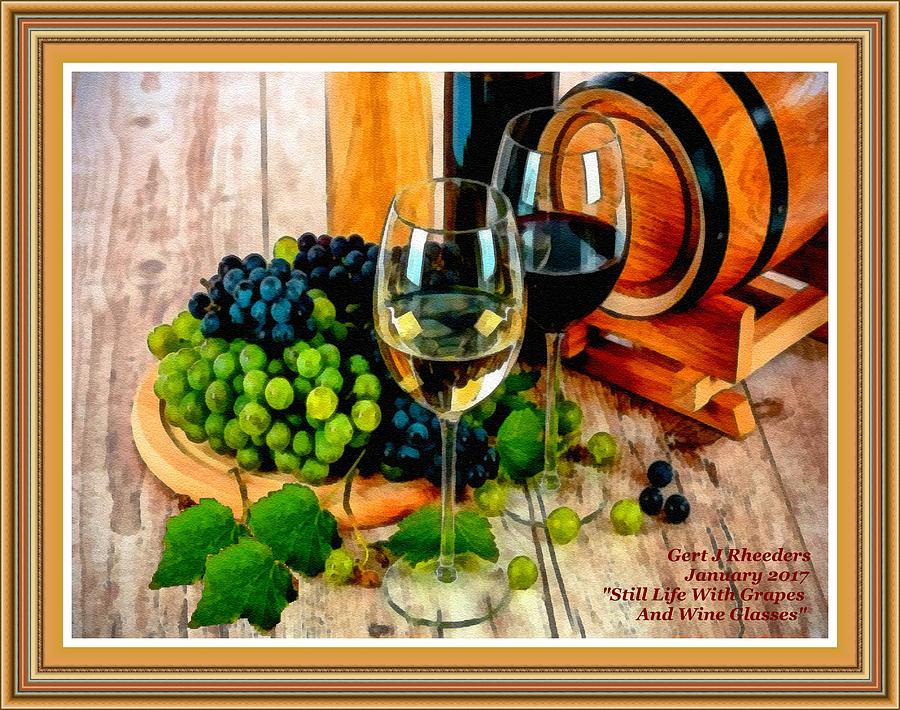 Still Life With Grapes And Wine Glasses L A With Decorative Ornate Printed Frame. Painting
