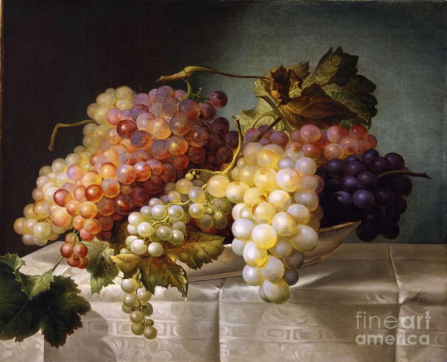 Still life with grapes in a porcelain dish Painting by Celestial Images