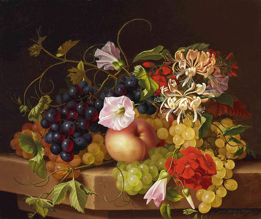 Still Life with Grapes Peaches and Flowers Painting by Adelheid Dietrich