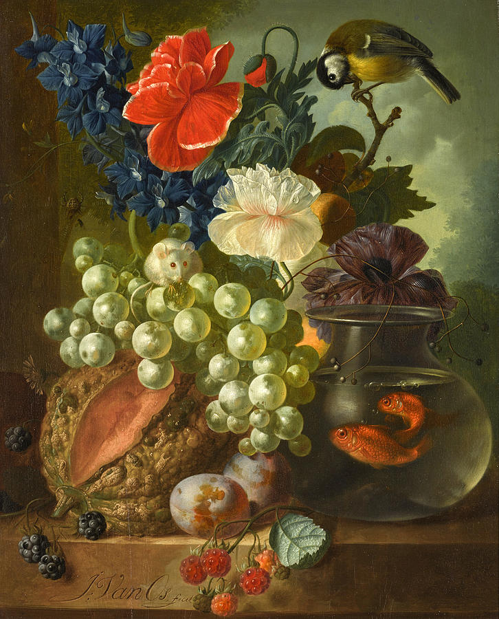 Still life  with grapes,melon,plums,a white mouse,blue tit and two goldfish in a glass bowl Painting by Jan van Os