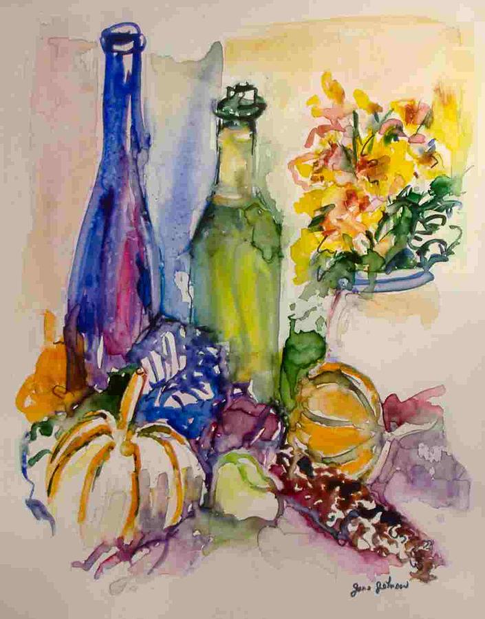 Still Life with Green and Blue Bottles Painting by Jane Johnson - Fine ...