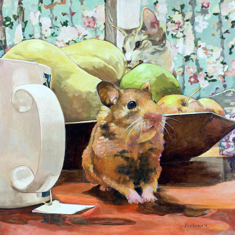 Still Life Painting - Still Life With Hamster and Cat by Debbie Beukema