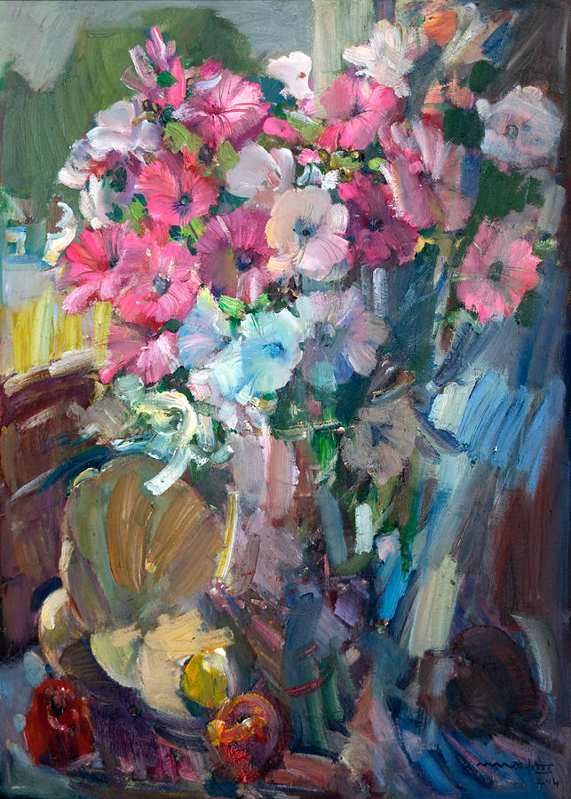 Still Life With Lavatera Flowers Painting by Nikolay Malafeev | Fine ...