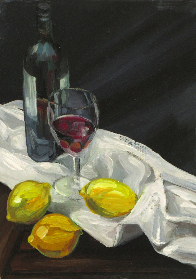 Wine Painting - Still life with lemons and wine by Peter Allan