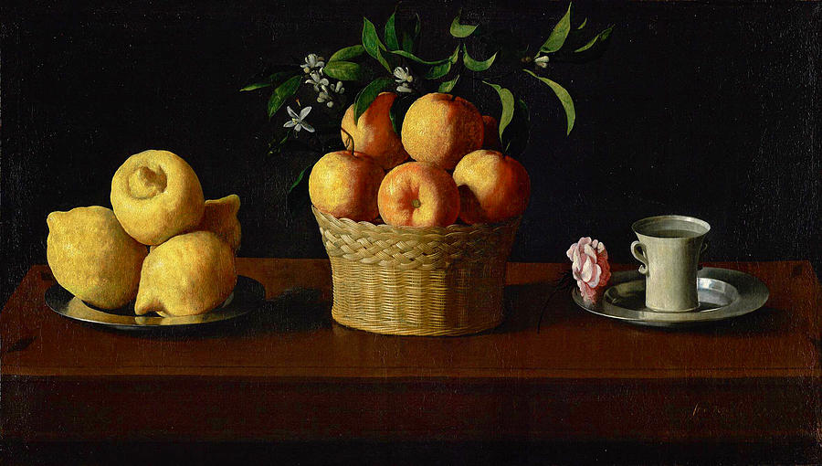 Francisco De Zurbaran Painting - Still Life with Lemons Oranges and a Rose by Francisco de Zurbaran