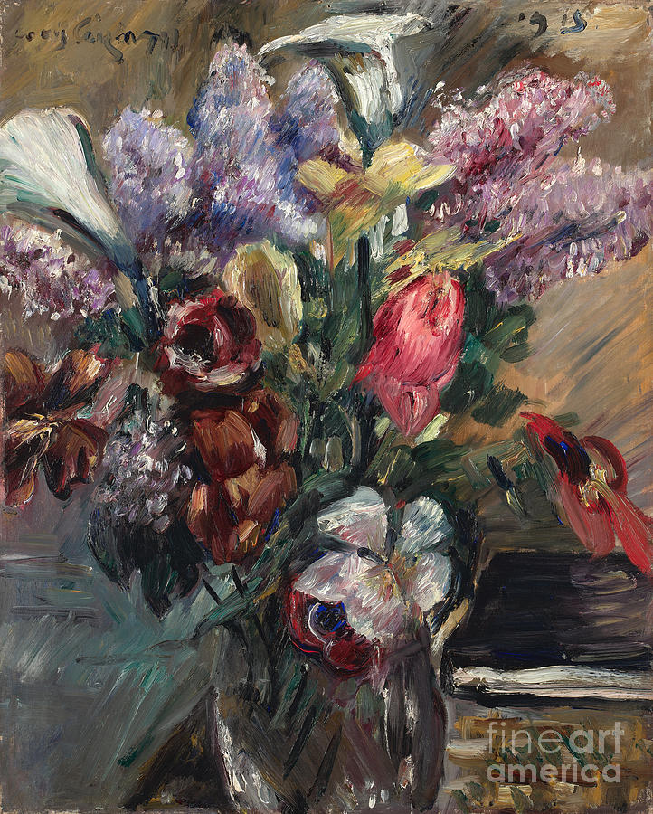 Still Life with lilac calla and tulips Painting by Celestial Images