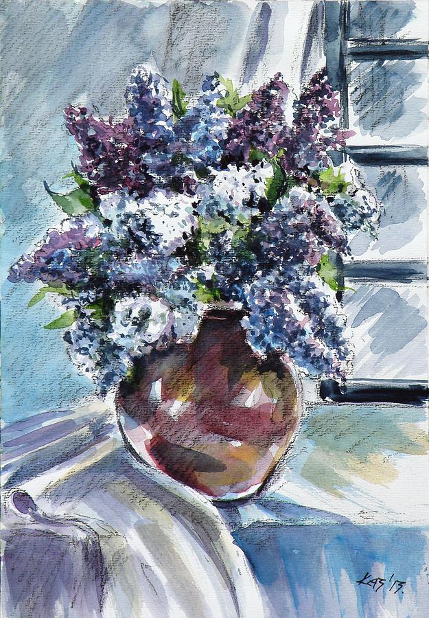 Still life with lilac Painting by Kovacs Anna Brigitta