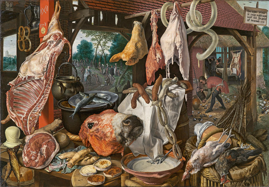 Still Life with Meat and the Holy Family Painting by Pieter Aertsen