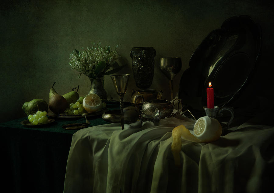 Still life with metal dishes, fruits and fresh flowers Photograph by Jaroslaw Blaminsky