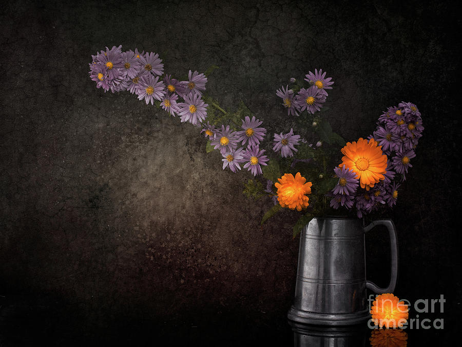Still Life Photograph - Still life with Michaelmas daisies and marigold flowers. by Judith Flacke Still Life Photograph - Still life with Michaelmas daisies and marigold flowers. by Judith Flacke