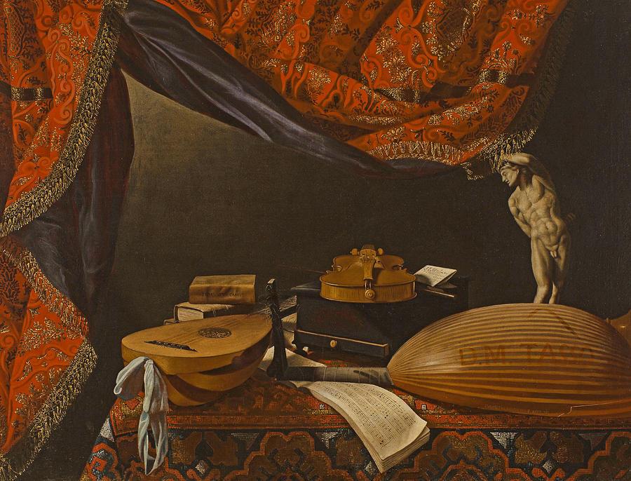 Still life with Musical Instruments Books and Sculpture Painting by Evaristo Baschenis