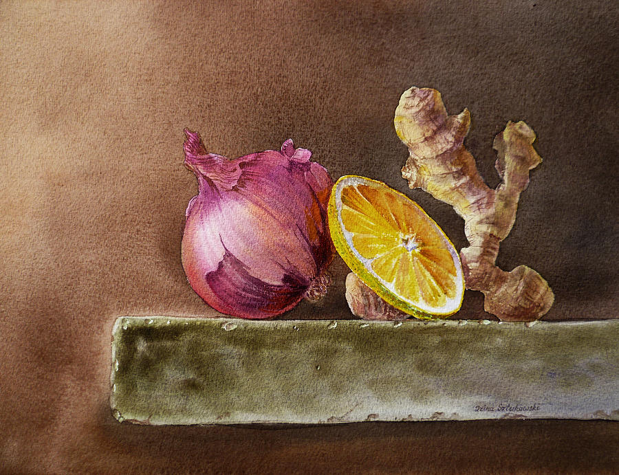 Still Life With Onion Lemon And Ginger Painting by Irina Sztukowski