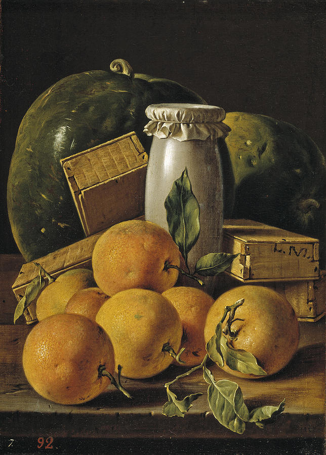 Still life with oranges boxes of candy and watermelons Painting by Luis Egidio Melendez