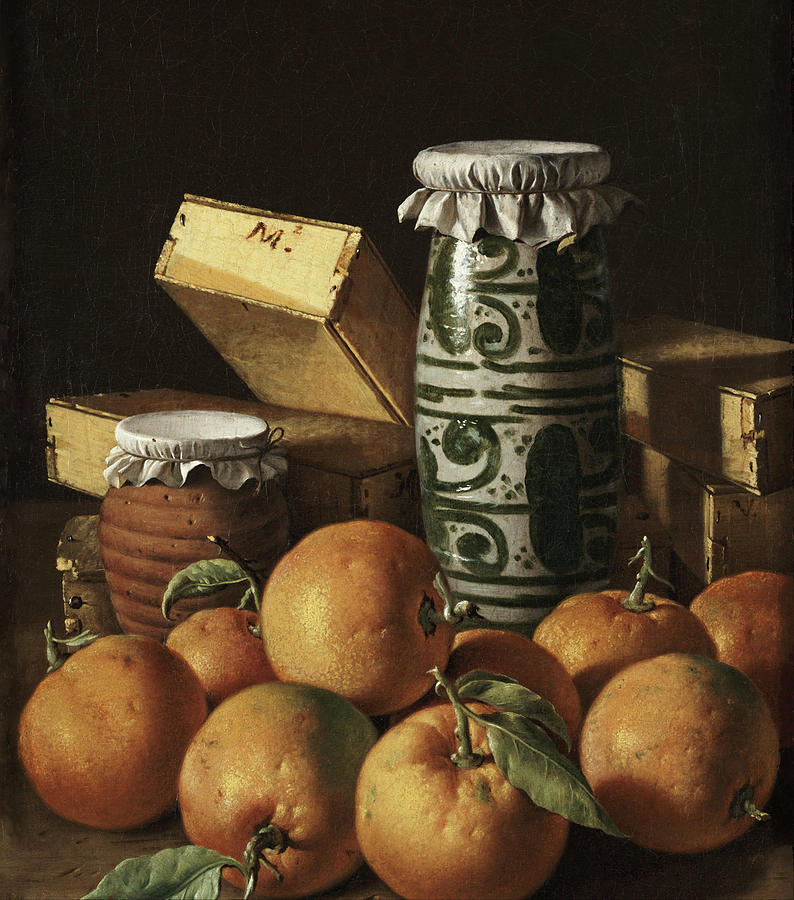 Still Life with Oranges, Jars, and Boxes of Sweets Painting by Luis Melendez