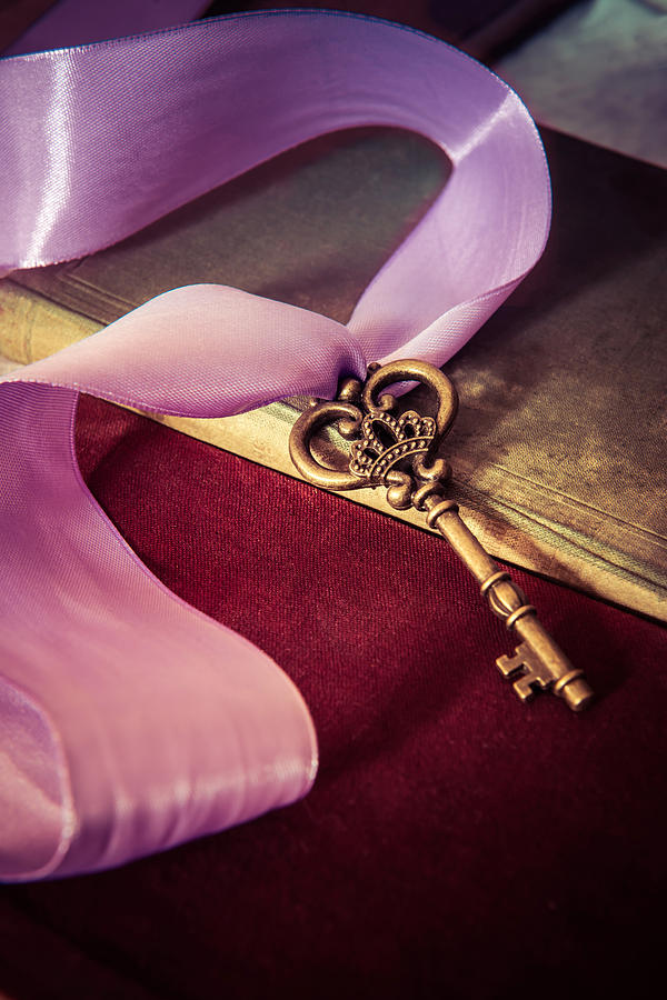 Still life with ornamented key and violet ribbon Photograph by Jaroslaw Blaminsky