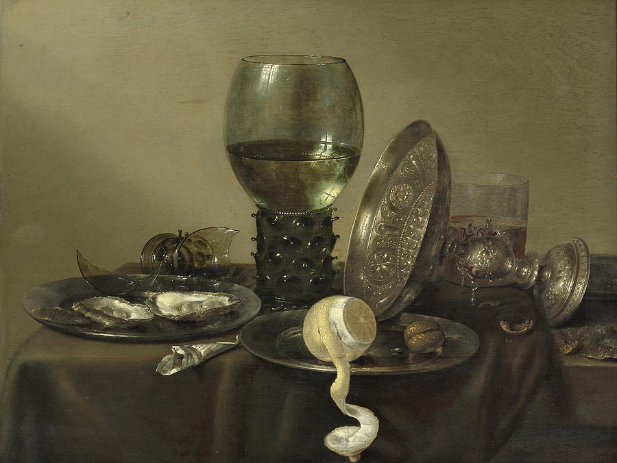 Nature Painting - Still Life With Oysters, A Rummer, A Lemon And A Silver Bowl by Willem Claeszoon Heda