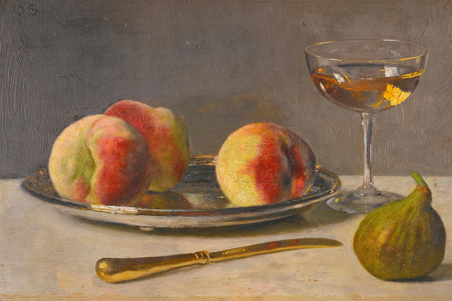 Still Life with Peaches and Fig Painting by Otto Scholderer