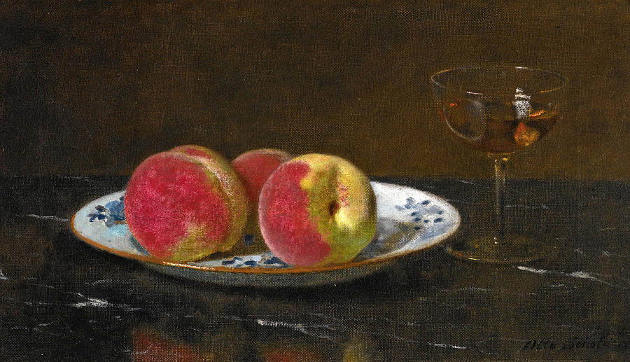 Still Life with Peaches and Glass Painting by Otto Scholderer