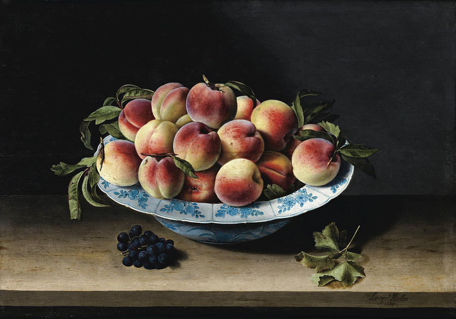 Still Life with Peaches in a Chinese Ming Porcelain on an Entablature Painting by Louise Moillon