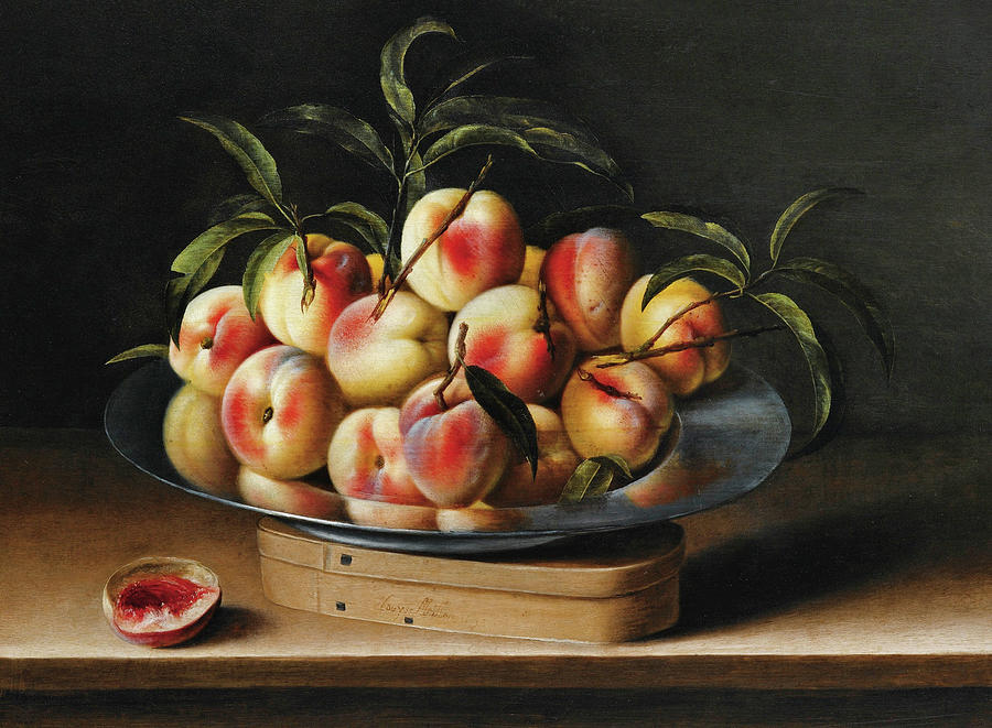 Still Life with Peaches on a Pewter charger atop a Chip-Wood Box Painting by Louise Moillon